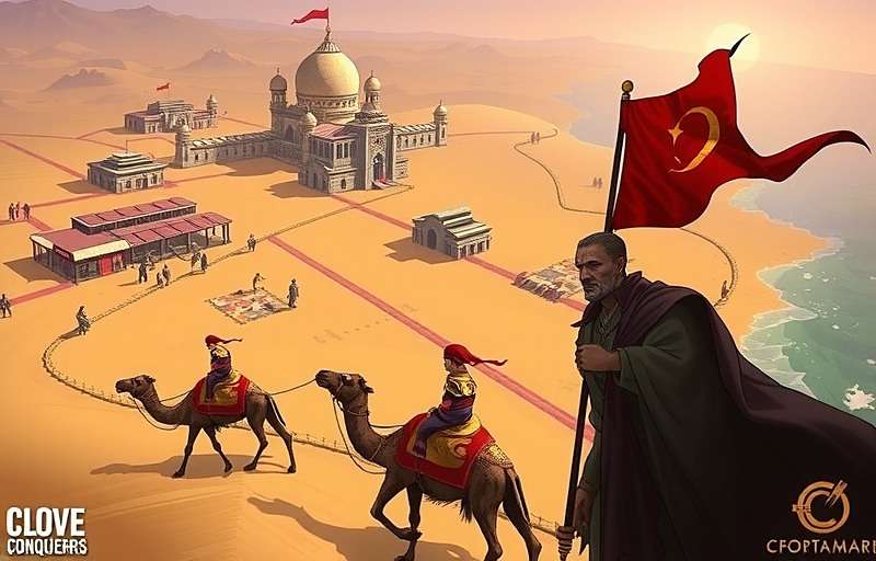 Clove Conquerors Rivalry Silk Road Expansion Concept art for Clove Conquerors Rivalry Silk Road expansion showing camel caravans and Central Asian markets