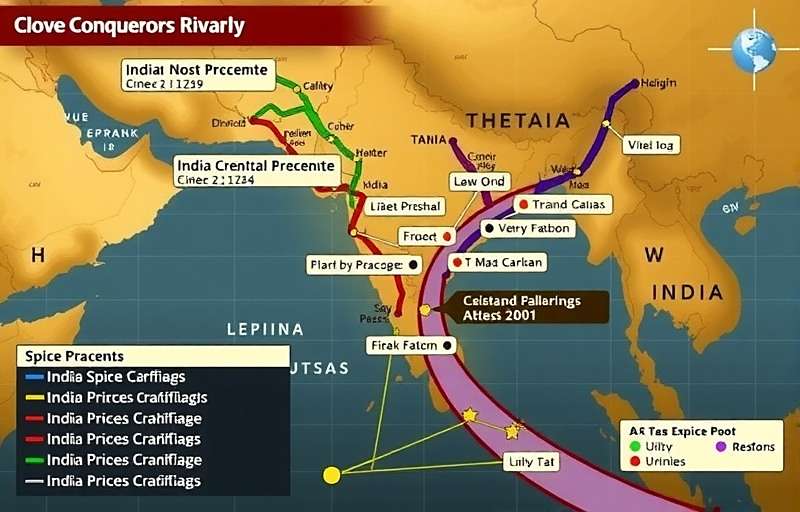 Clove Conquerors Rivalry Trade Route Map Clove Conquerors Rivalry strategic map showing Indian spice trade routes with ships and caravans