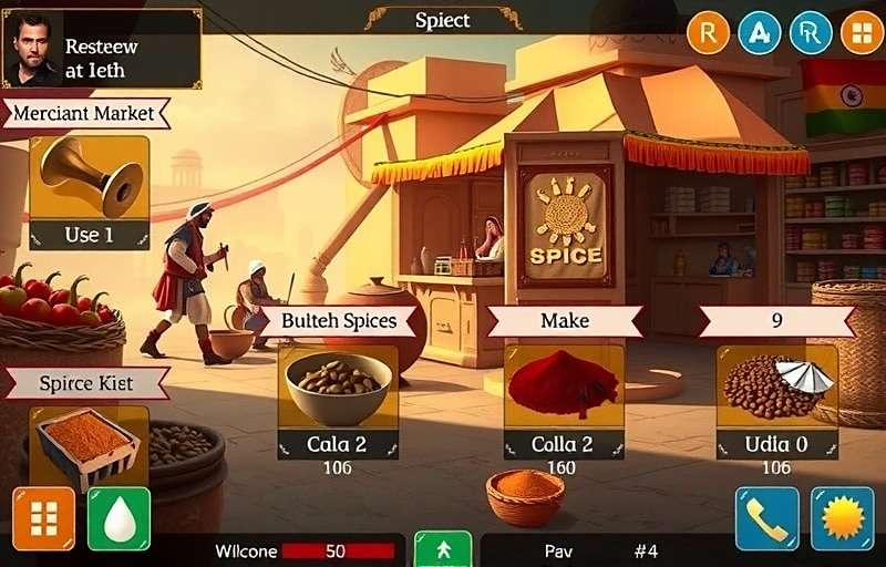 Clove Conquerors Rivalry Market Gameplay Clove Conquerors Rivalry gameplay showing a merchant market with various spices and traders in ancient India